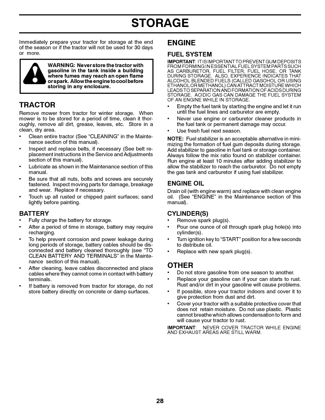 Husqvarna CTH2542T manual Storage, Other, Fuel System, Engine OIL, Cylinders 