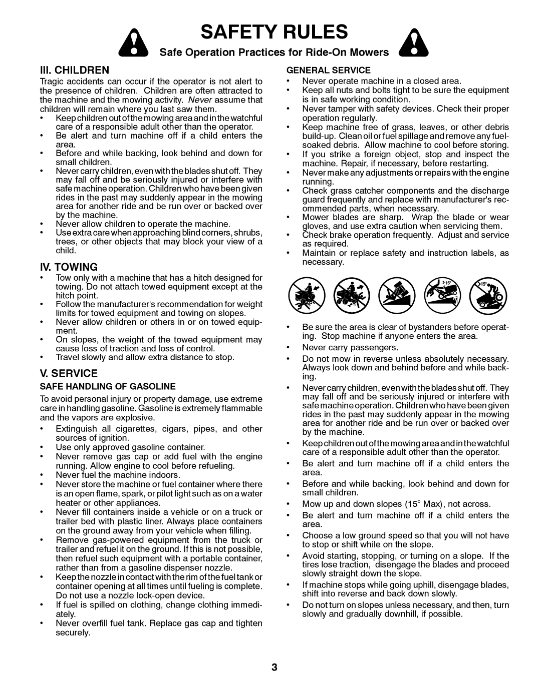 Husqvarna CTH2542T manual III. Children, IV. Towing, Service 