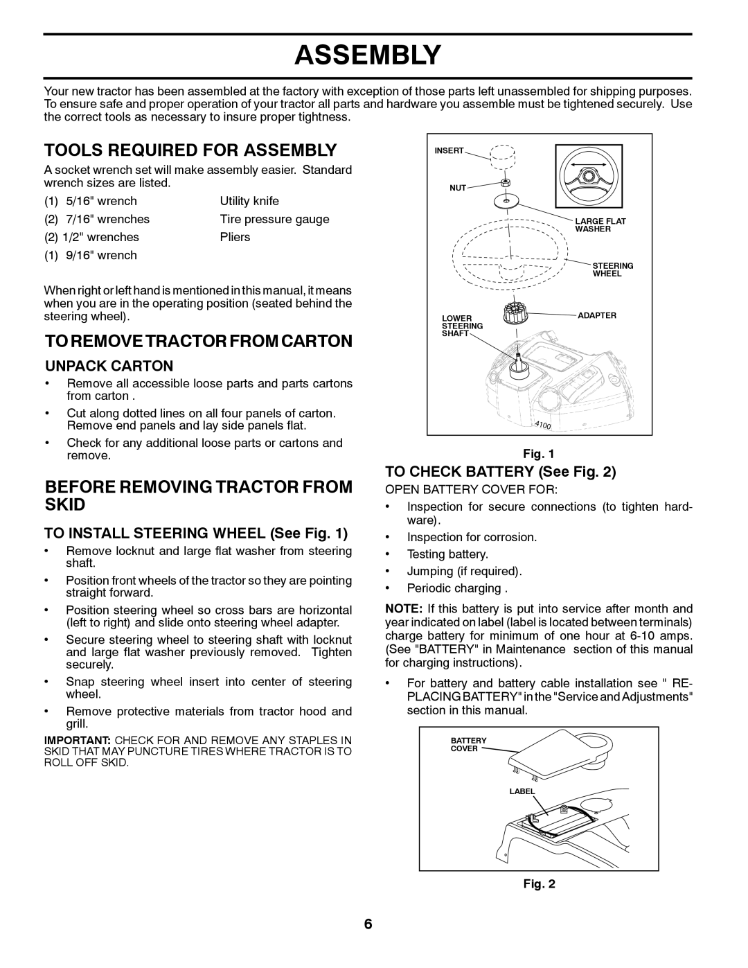 Husqvarna CTH2542T manual Tools Required for Assembly, To Remove Tractor from Carton, Before Removing Tractor from Skid 