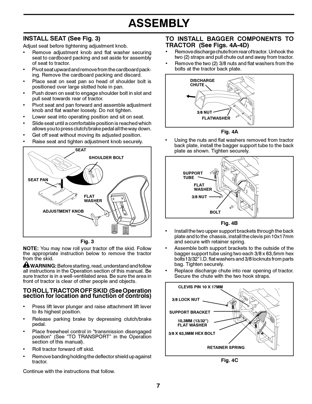 Husqvarna CTH2542T manual Install Seat See Fig, To Install Bagger Components to Tractor See Figs A-4D 