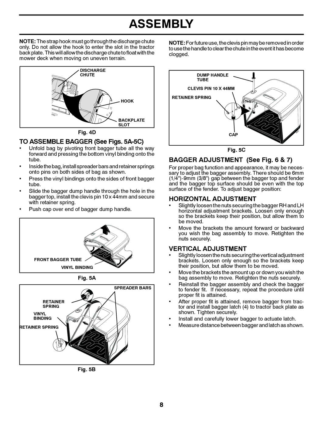 Husqvarna CTH2542T To Assemble Bagger See Figs A-5C, Bagger Adjustment See, Horizontal Adjustment, Vertical Adjustment 