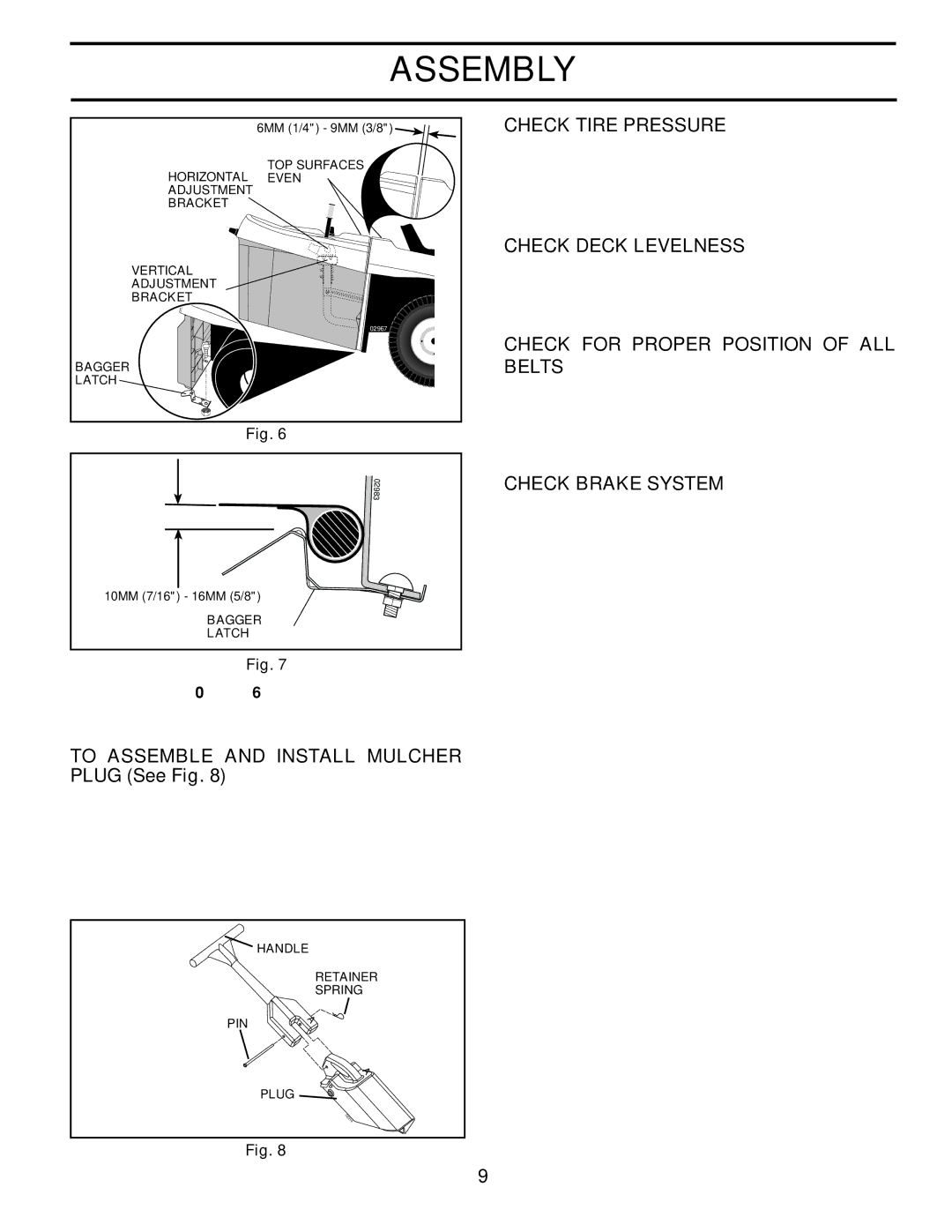 Husqvarna CTH2542T manual To Assemble and Install Mulcher Plug See Fig, Check Tire Pressure, Check Deck Levelness 