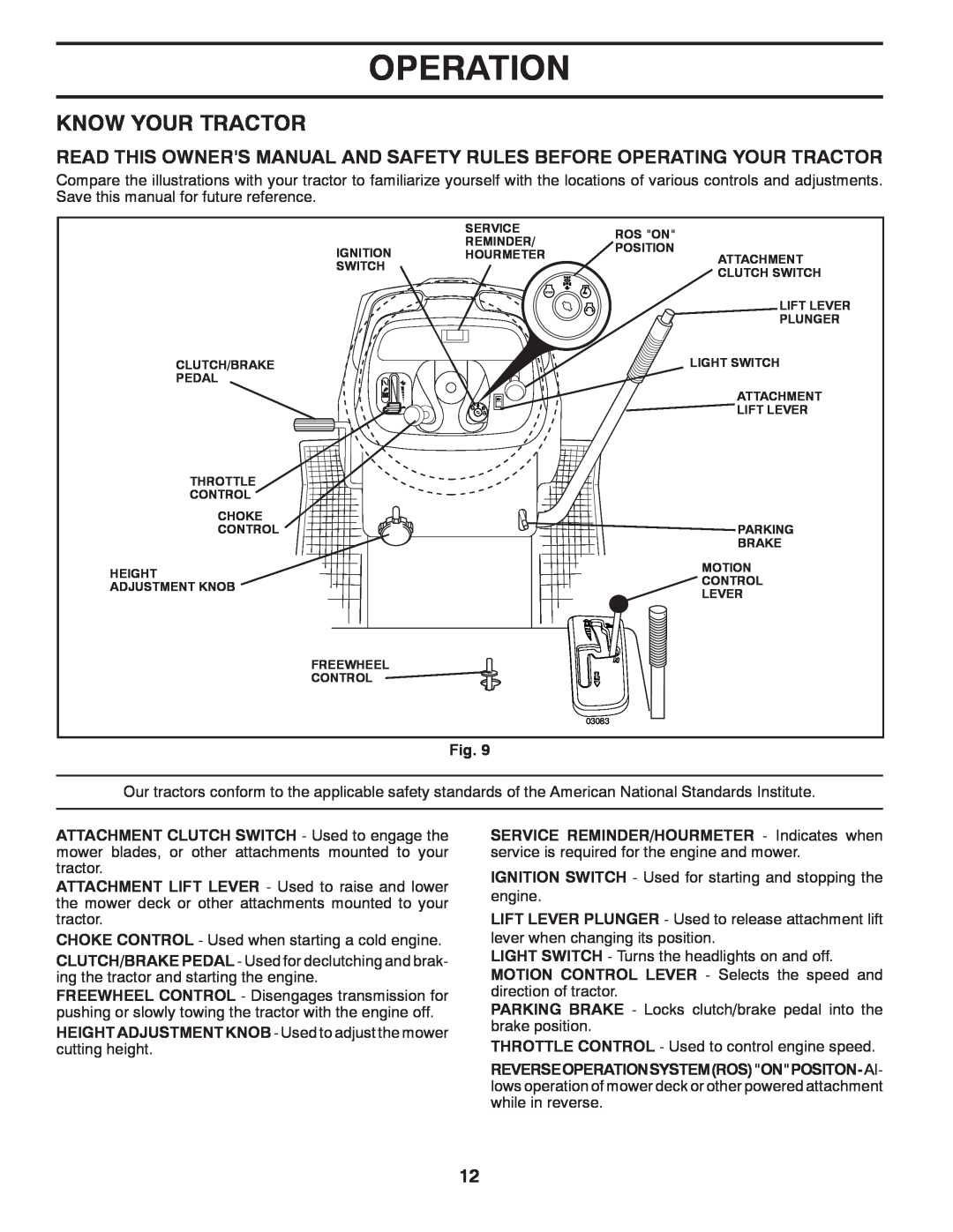 Husqvarna CTH2542T manual Know Your Tractor, Operation, HEIGHT ADJUSTMENT KNOB - Used to adjust the mower cutting height 