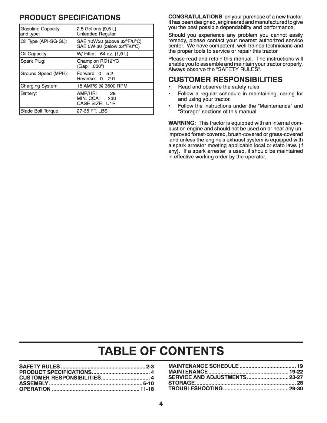 Husqvarna CTH2542T Table Of Contents, Product Specifications, Customer Responsibilities, 6-10, 11-18, 19-22, 23-27, 29-30 
