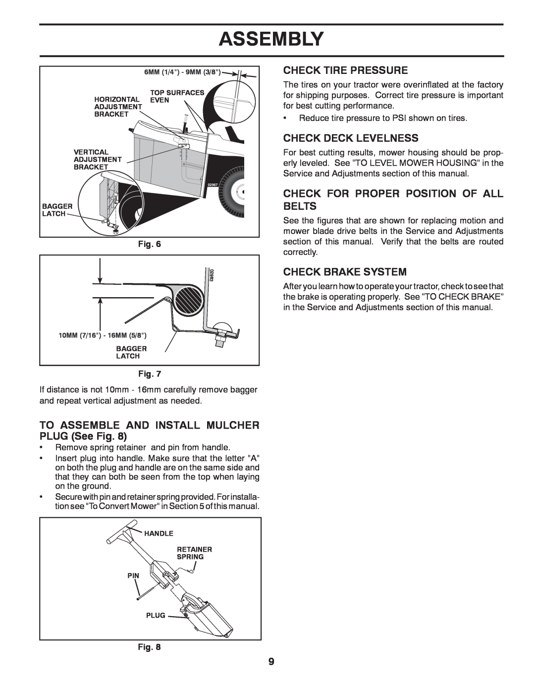 Husqvarna CTH2542T manual TO ASSEMBLE AND INSTALL MULCHER PLUG See Fig, Check Tire Pressure, Check Deck Levelness, Assembly 