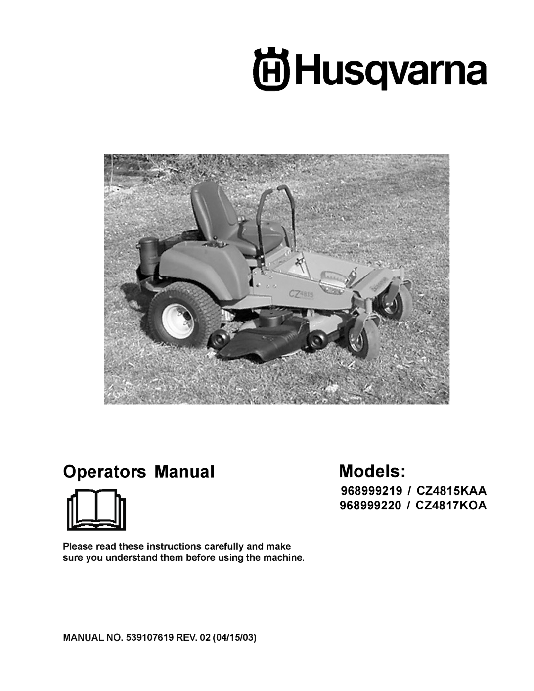 Husqvarna CZ4815KAA, CZ4817KOA manual 968999219 / CZ4815KAA, 968999220 / CZ4817KOA 