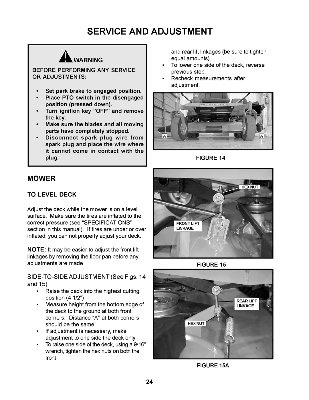 Husqvarna CZ4815KAA, CZ4817KOA manual Service and Adjustment, Mower, To Level Deck 