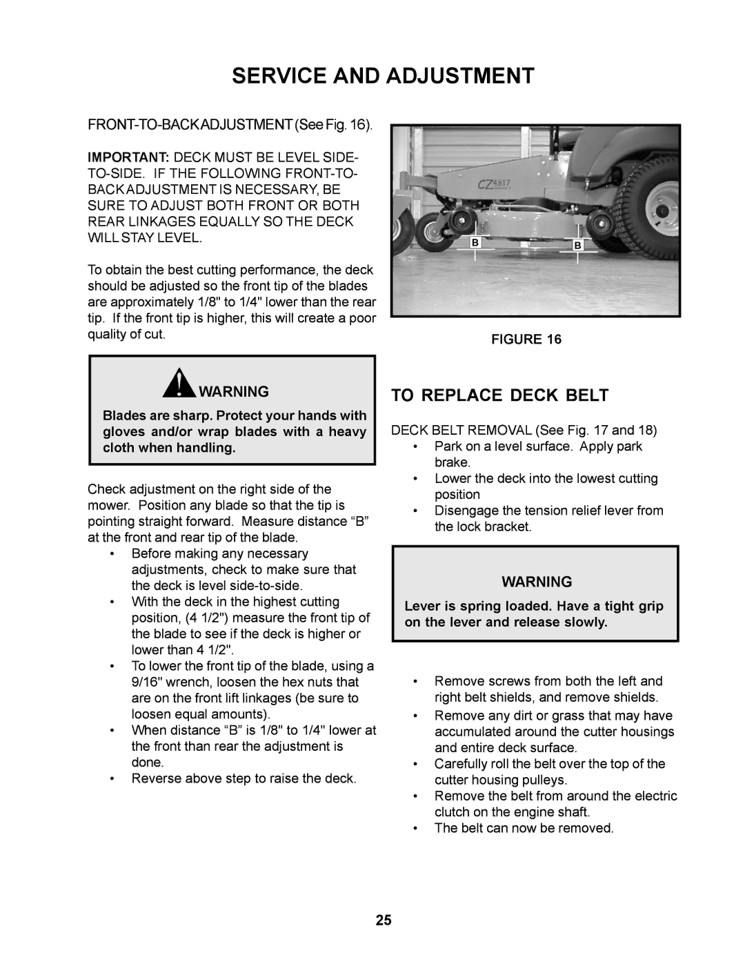 Husqvarna CZ4815KAA, CZ4817KOA manual To Replace Deck Belt, FRONT-TO-BACKADJUSTMENT See Fig 