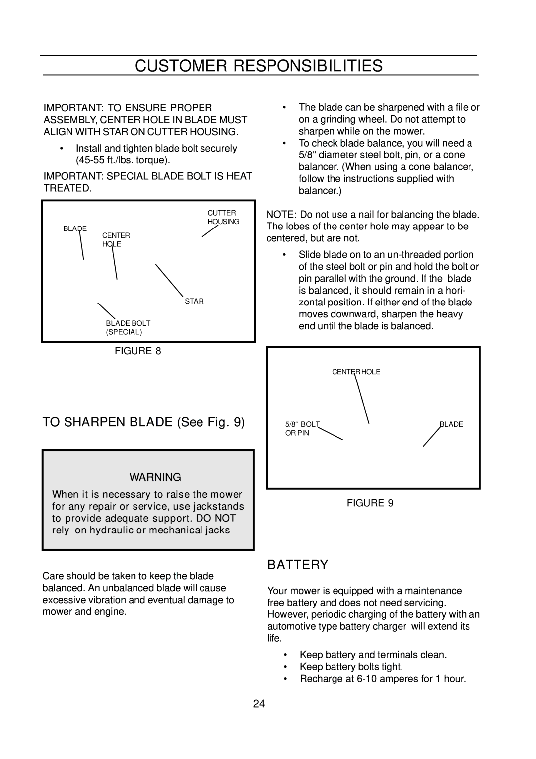 Husqvarna CZE 4818 manual To Sharpen Blade See Fig, Battery 