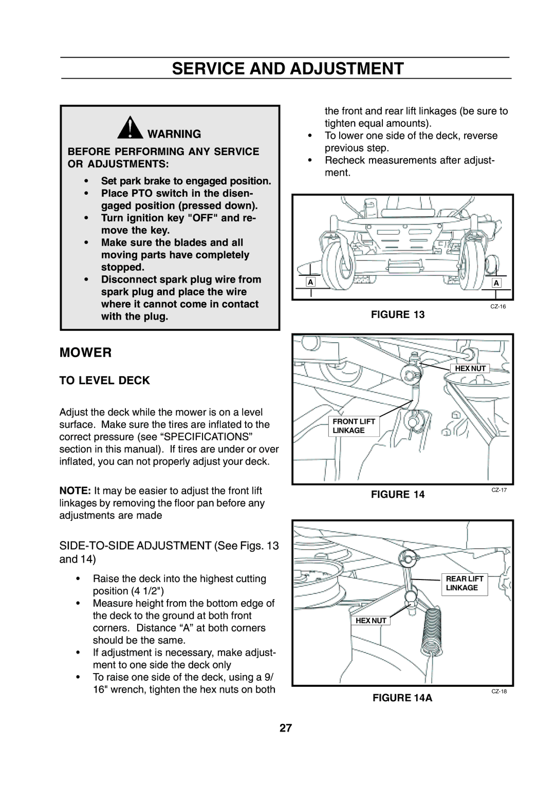 Husqvarna CZE 4818 manual Service and Adjustment, Mower, To Level Deck 