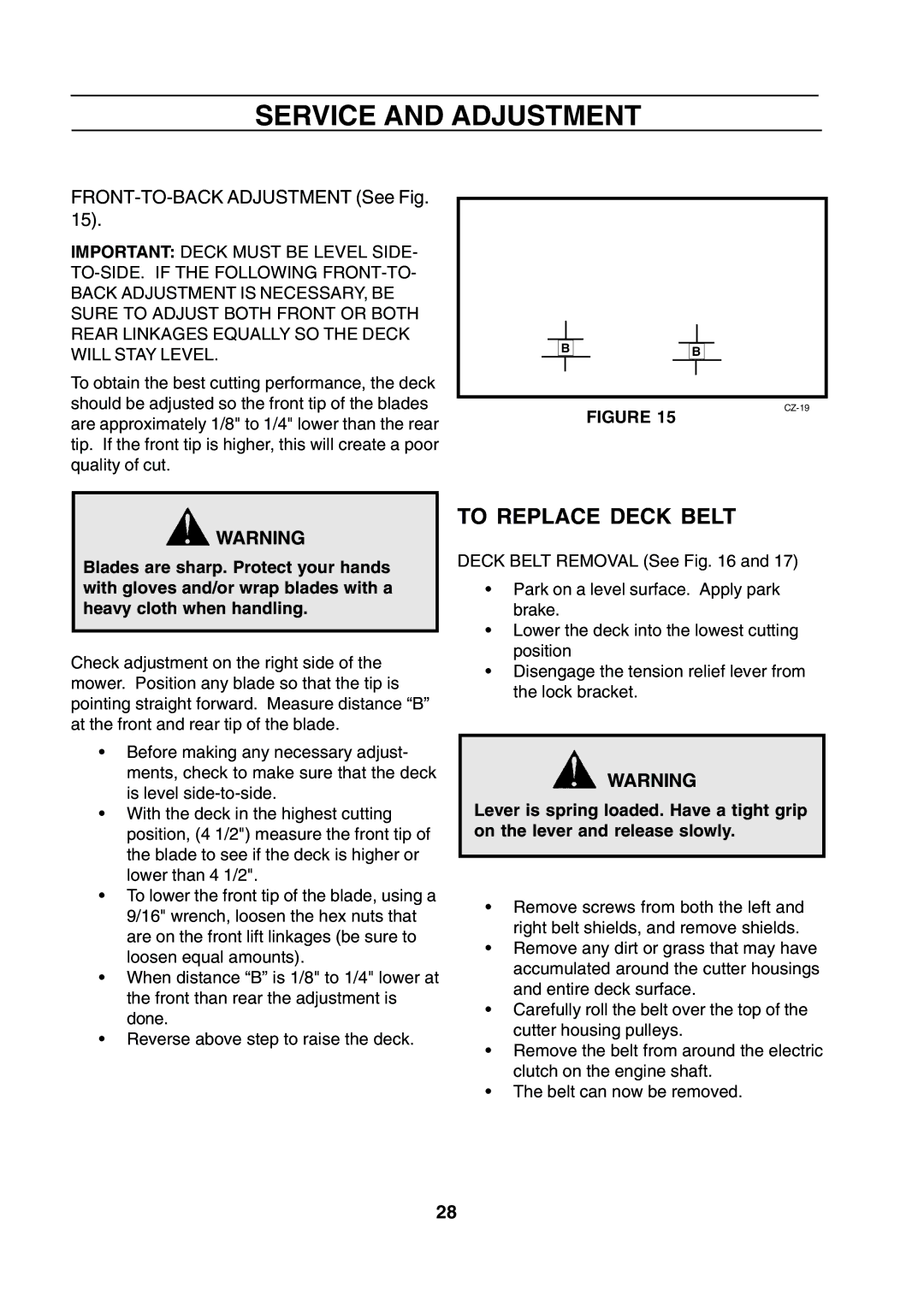 Husqvarna CZE 4818 manual To Replace Deck Belt, FRONT-TO-BACK Adjustment See Fig 