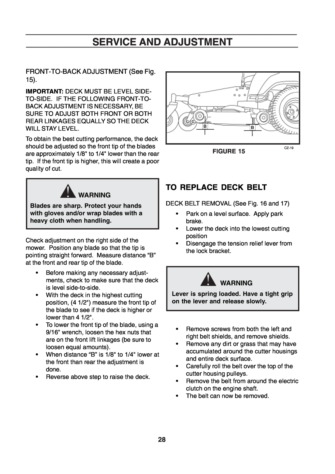 Husqvarna CZE 4818 manual To Replace Deck Belt, FRONT-TO-BACK ADJUSTMENT See Fig, Service And Adjustment 