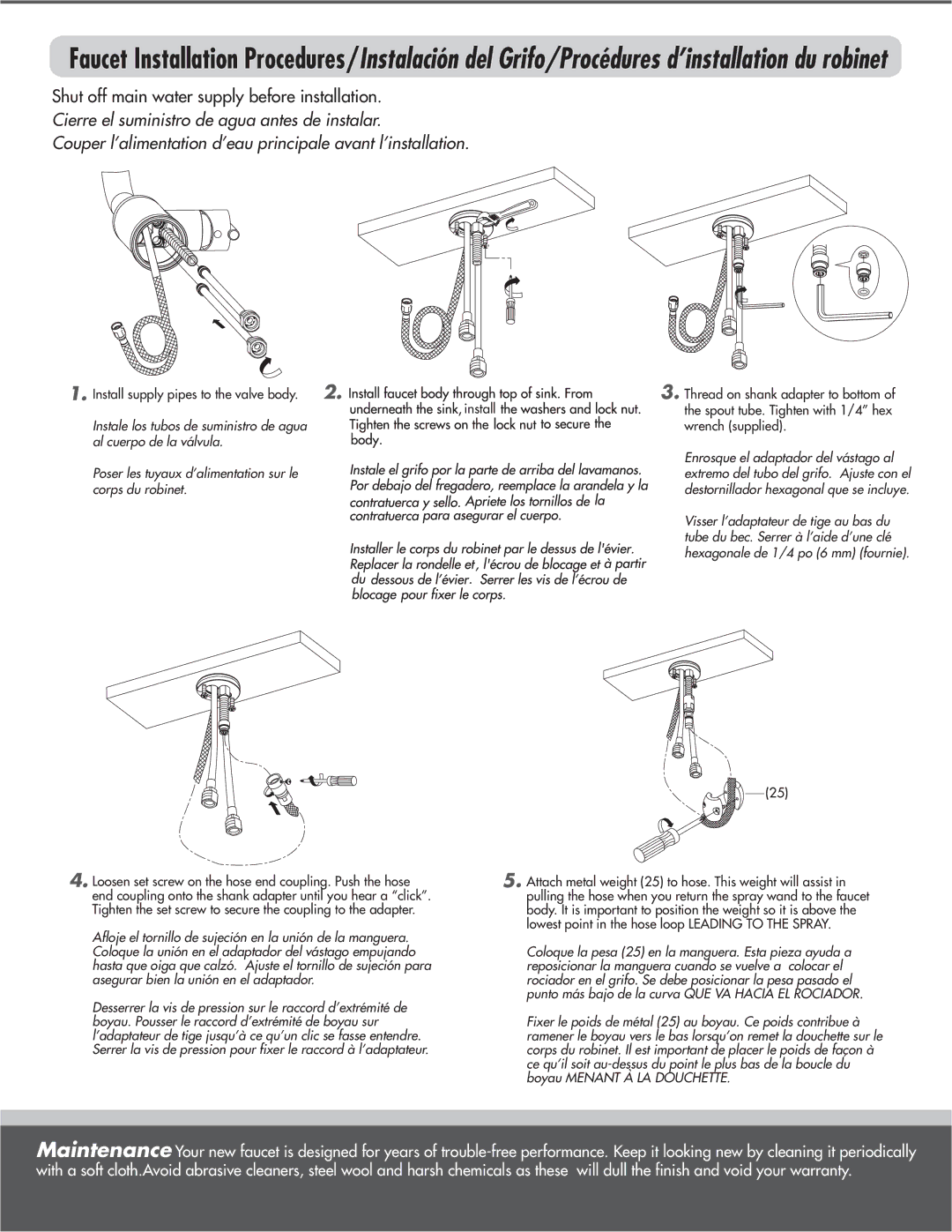 Husqvarna D404558 manual Corps du robinet, Visser l’adaptateur de tige au bas du, Tube du bec. Serrer à l’aide d’une clé 