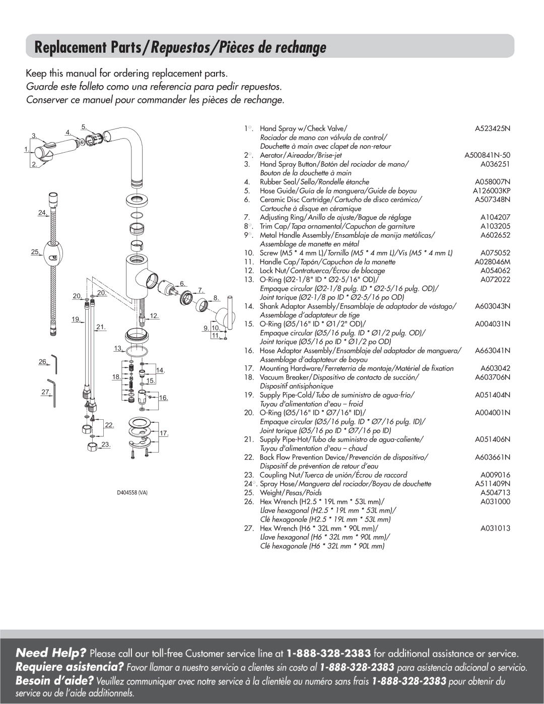 Husqvarna D404558 manual Replacement Parts/Repuestos/Pièces de rechange 