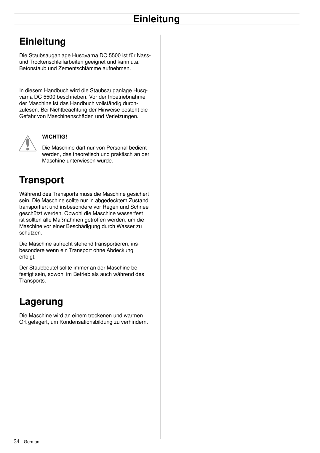 Husqvarna DC5500 manuel dutilisation Einleitung, Transport, Lagerung 