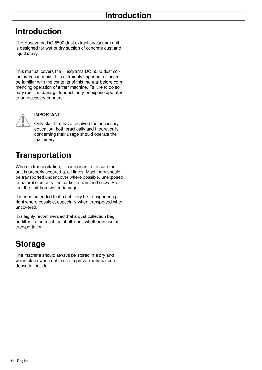Husqvarna DC5500 manuel dutilisation Introduction, Transportation, Storage 