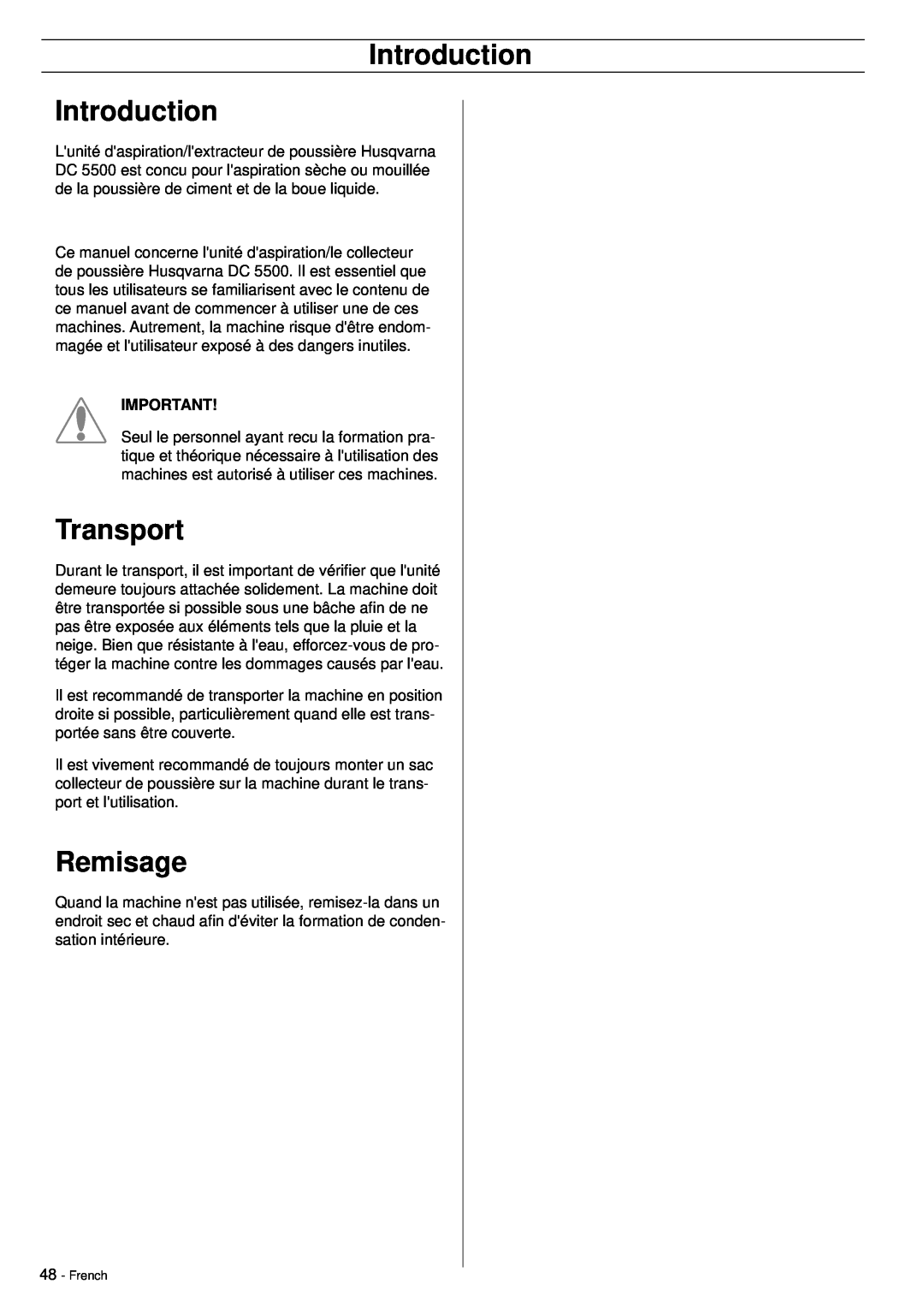 Husqvarna DC5500 manuel dutilisation Remisage, Introduction Introduction, Transport, French 
