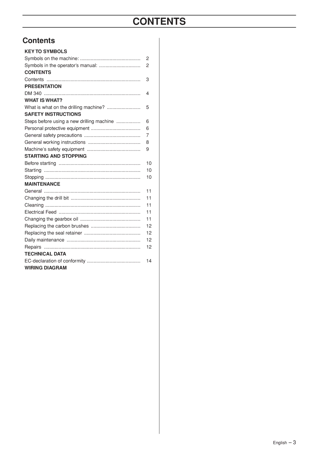 Husqvarna 1152417-30, DM 340 manual Contents 