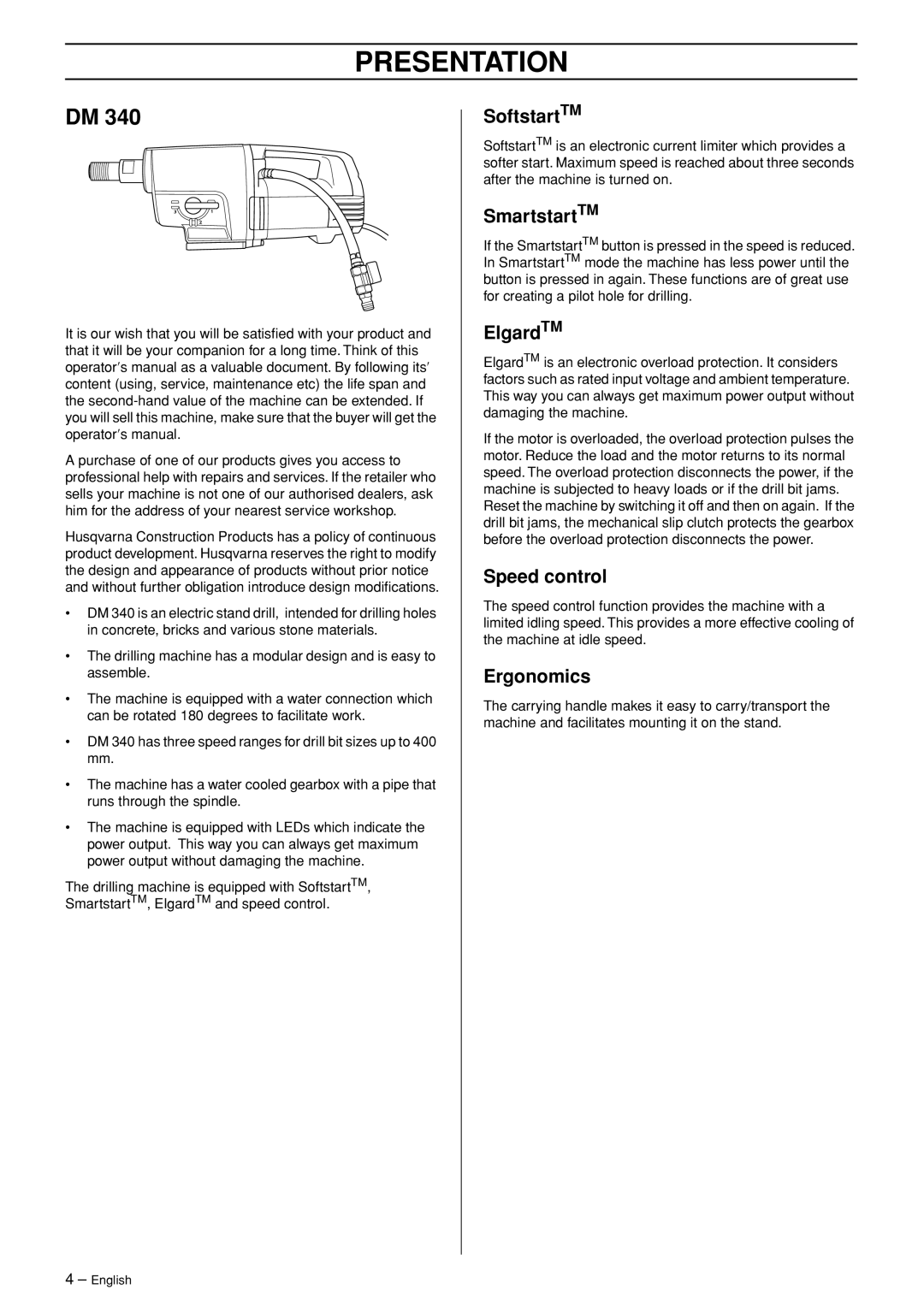 Husqvarna DM 340, 1152417-30 manual Presentation 