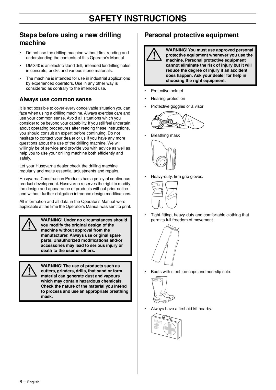 Husqvarna DM 340, 1152417-30 Safety Instructions, Steps before using a new drilling machine, Personal protective equipment 