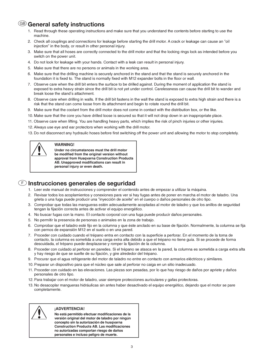 Husqvarna dm 406 h manuel dutilisation GB General safety instructions, Instrucciones generales de seguridad 