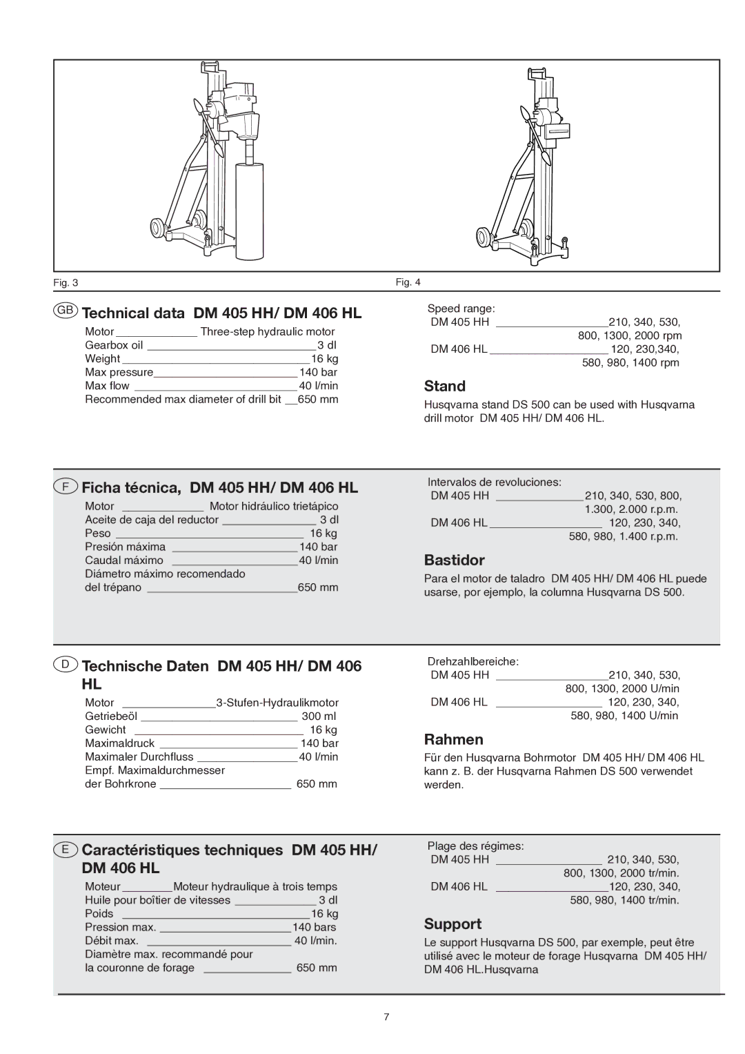 Husqvarna dm 406 h GB Technical data DM 405 HH/ DM 406 HL, Stand, Ficha técnica, DM 405 HH/ DM 406 HL, Bastidor, Rahmen 