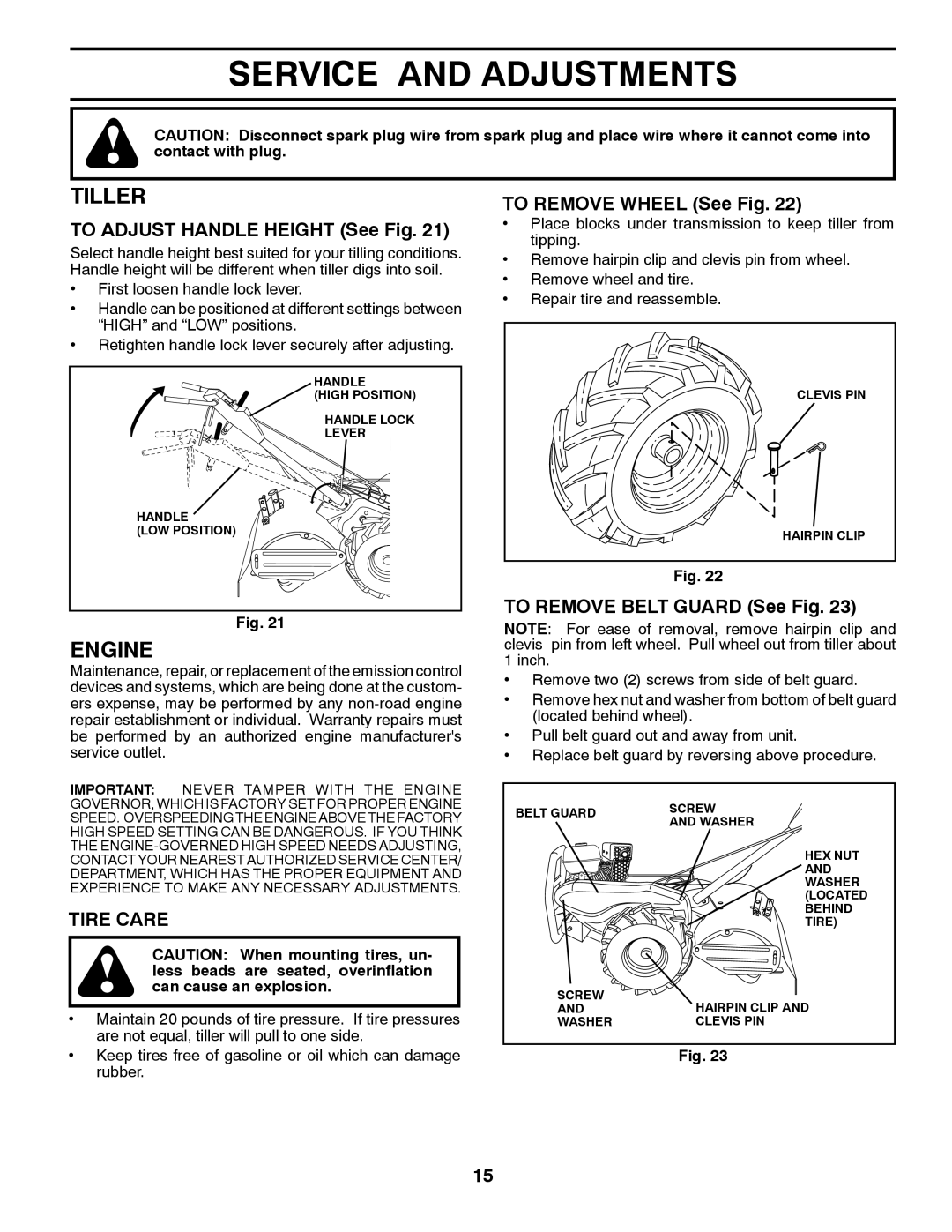 Husqvarna DRT 900 owner manual Service and Adjustments, Tiller, Tire Care 