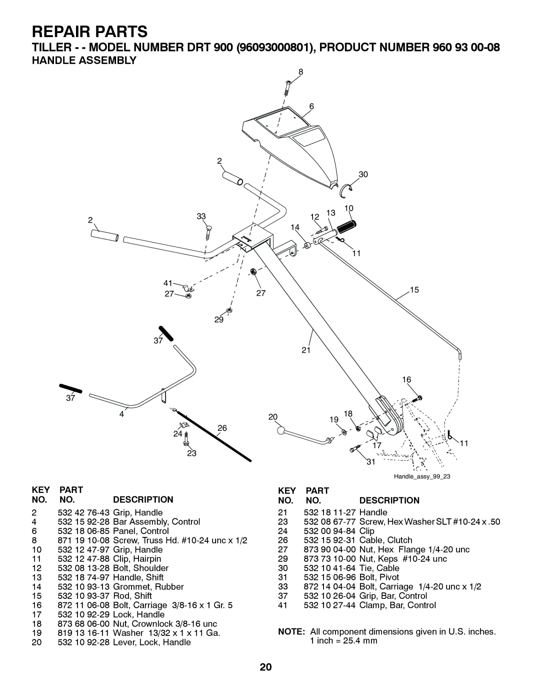 Husqvarna DRT 900 owner manual Repair Parts, Handle Assembly 