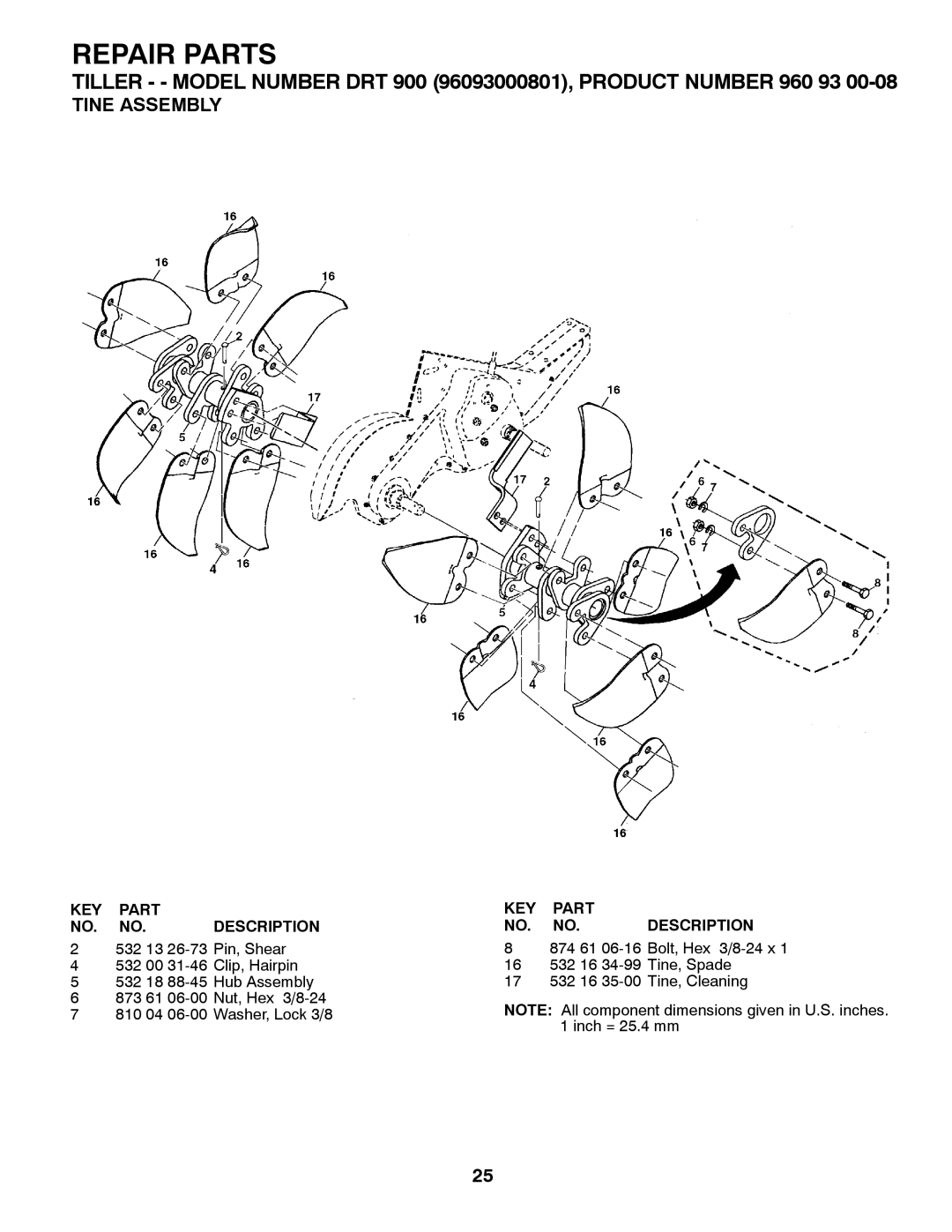 Husqvarna DRT 900 owner manual Tine Assembly 