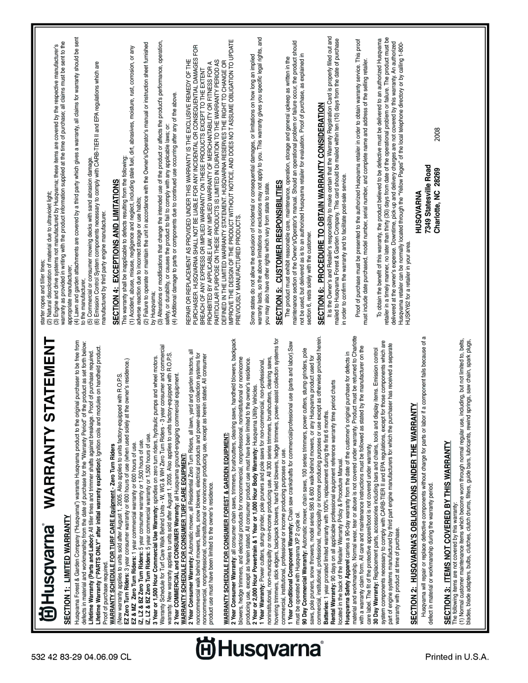 Husqvarna DRT 900 owner manual Warranty Statement 