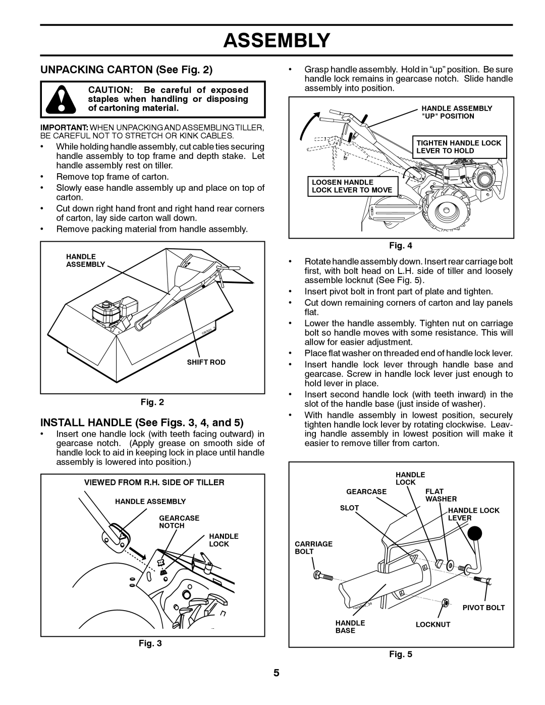 Husqvarna DRT 900 owner manual Unpacking Carton See Fig, Install Handle See Figs , 4 