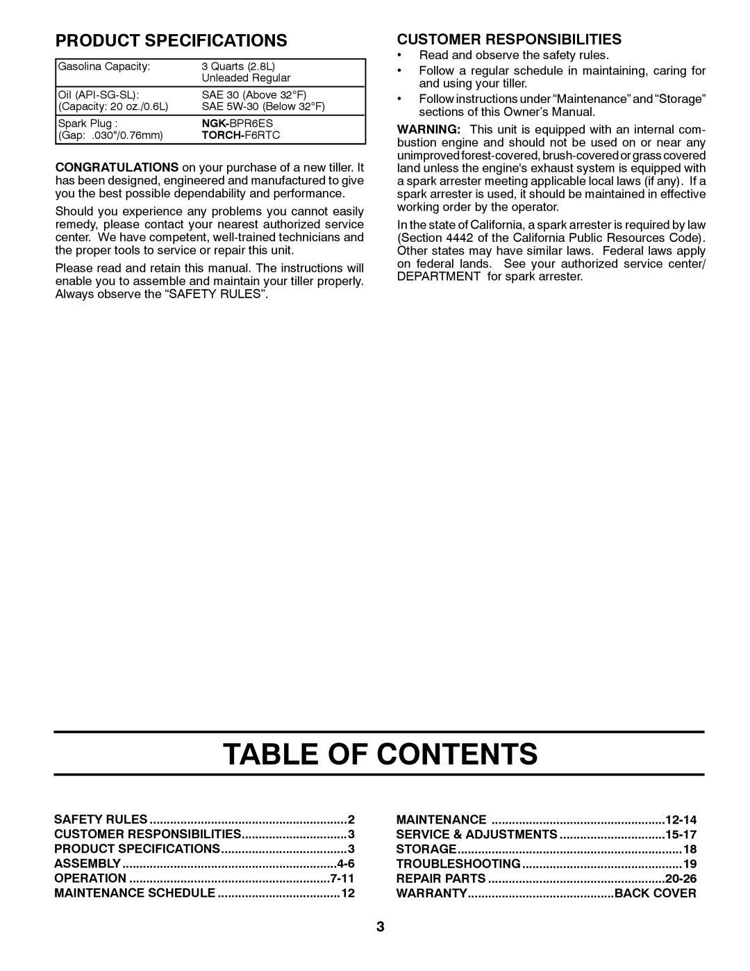 Husqvarna DRT 900 owner manual Table Of Contents, Product Specifications, Customer Responsibilities 