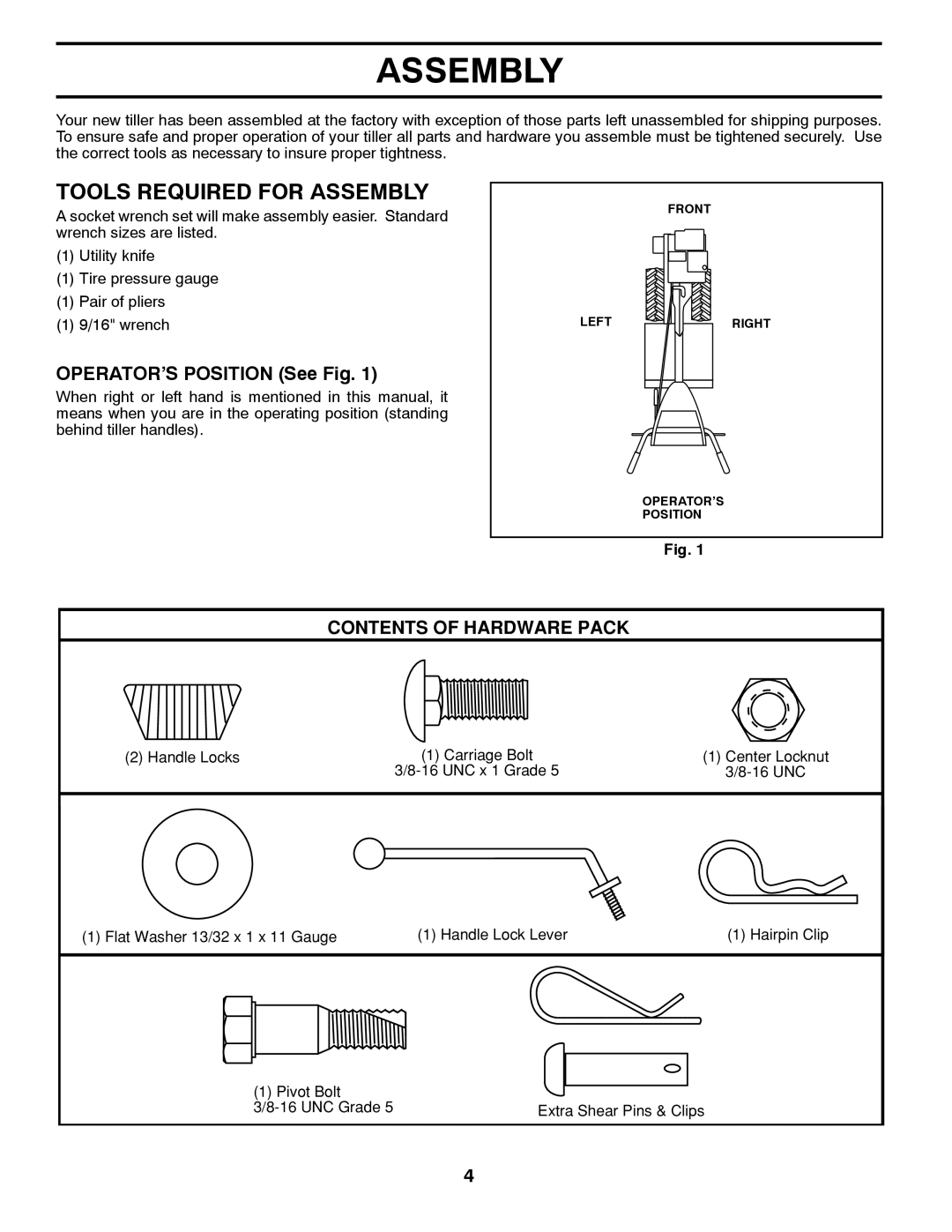 Husqvarna DRT 900 owner manual Tools Required For Assembly, OPERATOR’S POSITION See Fig, Contents Of Hardware Pack 