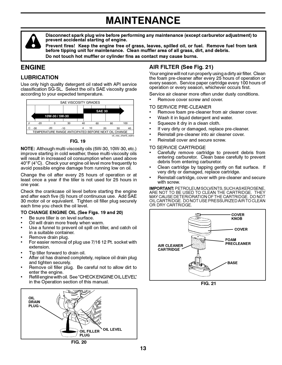 Husqvarna DRT70 owner manual Engine, AIR Filter See Fig 