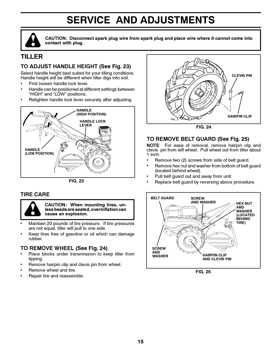 Husqvarna DRT70 owner manual Service and Adjustments, Tiller, Tire Care 