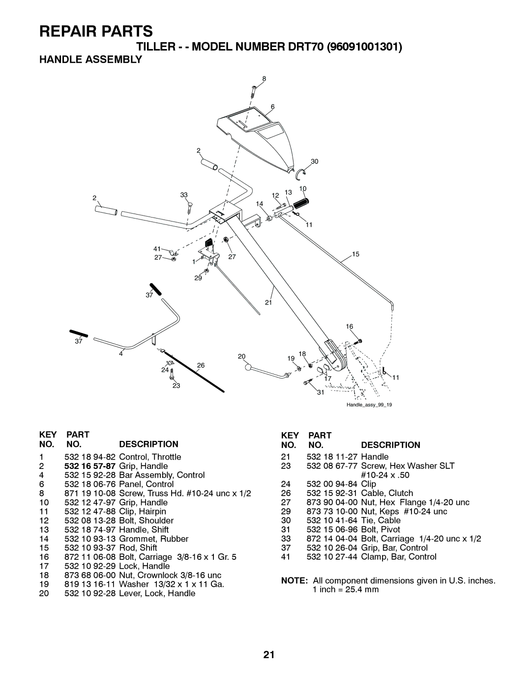 Husqvarna DRT70 owner manual Repair Parts, Handle Assembly 