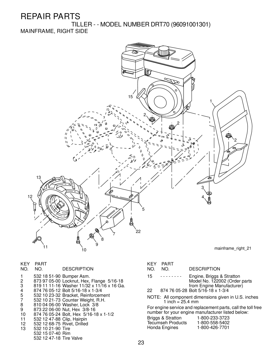 Husqvarna DRT70 owner manual MAINFRAME, Right Side 