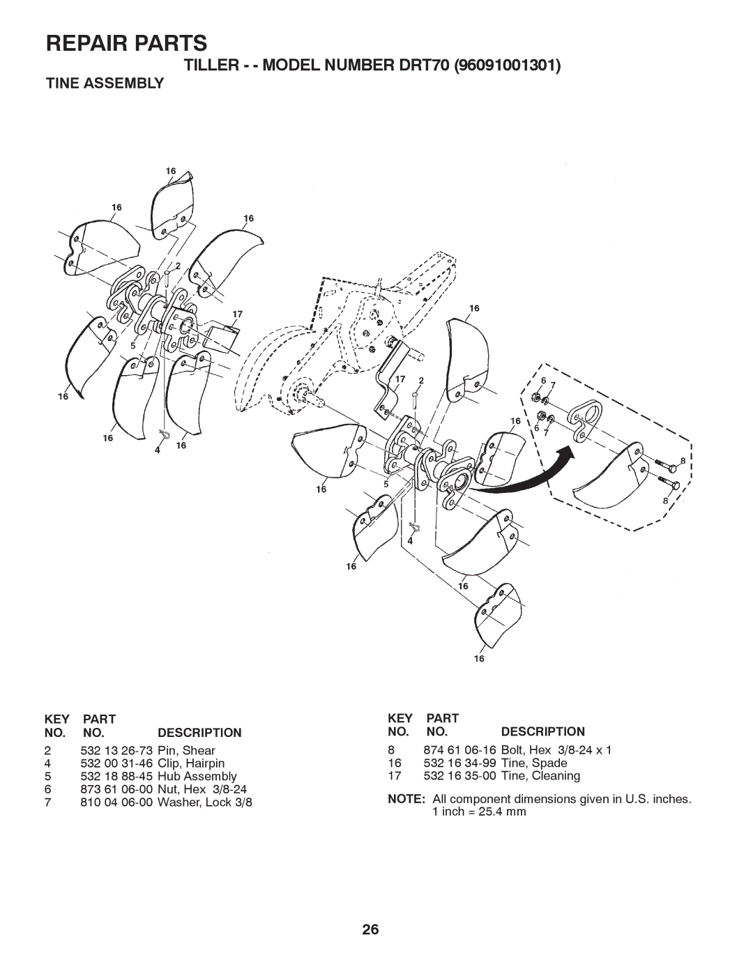 Husqvarna DRT70 owner manual Tine Assembly 