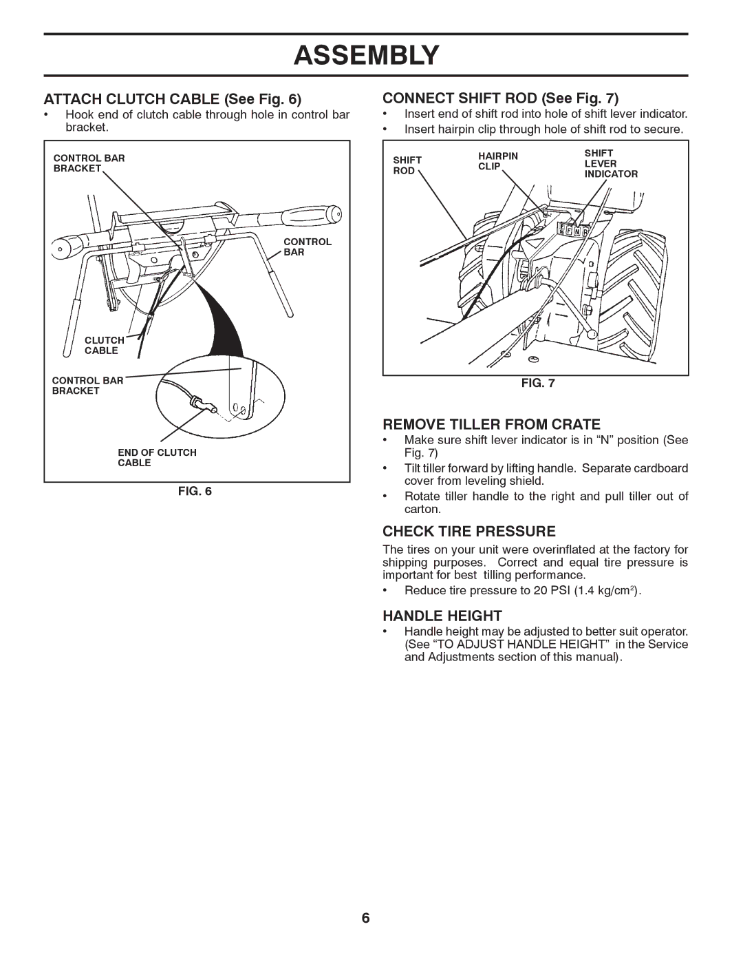 Husqvarna DRT70 Attach Clutch Cable See Fig, Connect Shift ROD See Fig, Remove Tiller from Crate, Check Tire Pressure 