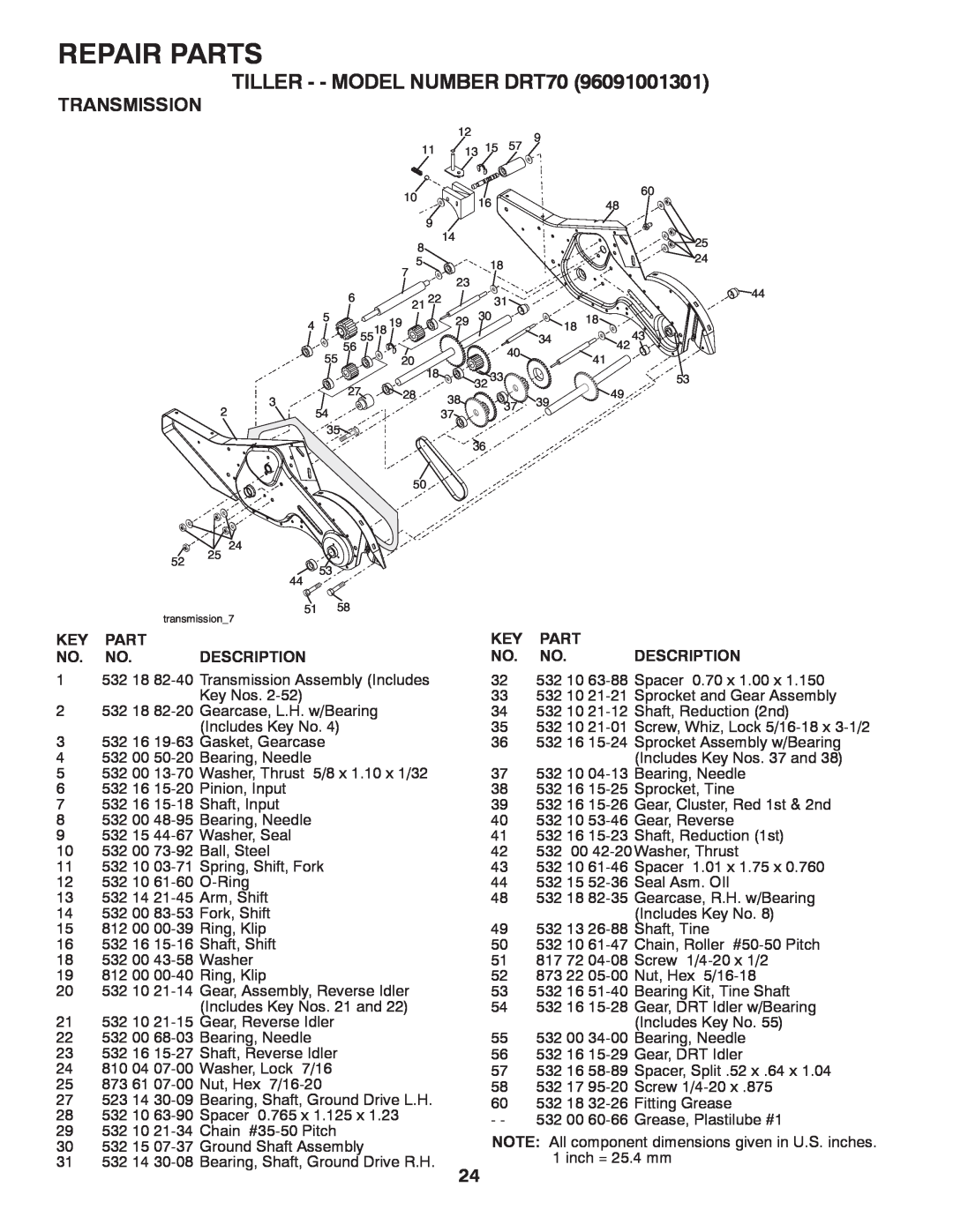 Husqvarna owner manual Repair Parts, TILLER - - MODEL NUMBER DRT70, Transmission, Key Part No. No. Description 
