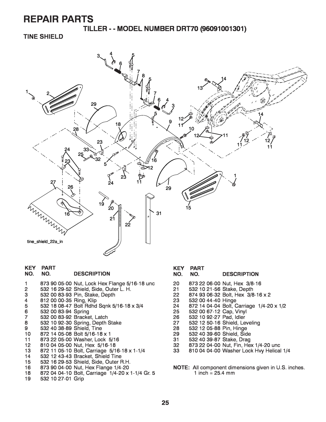 Husqvarna owner manual Tine Shield, Repair Parts, TILLER - - MODEL NUMBER DRT70, Description 
