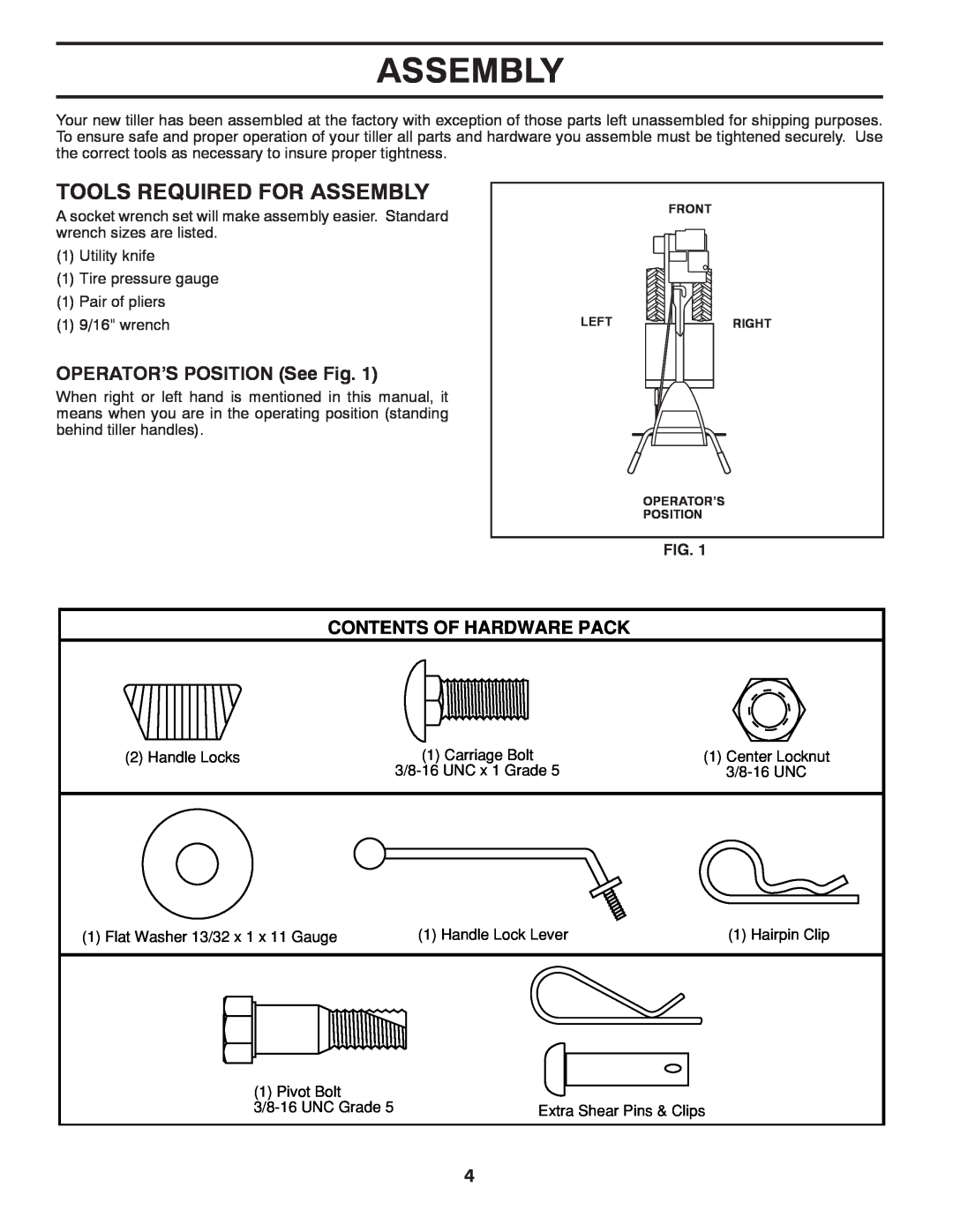 Husqvarna DRT70 owner manual Tools Required For Assembly, OPERATOR’S POSITION See Fig, Contents Of Hardware Pack 