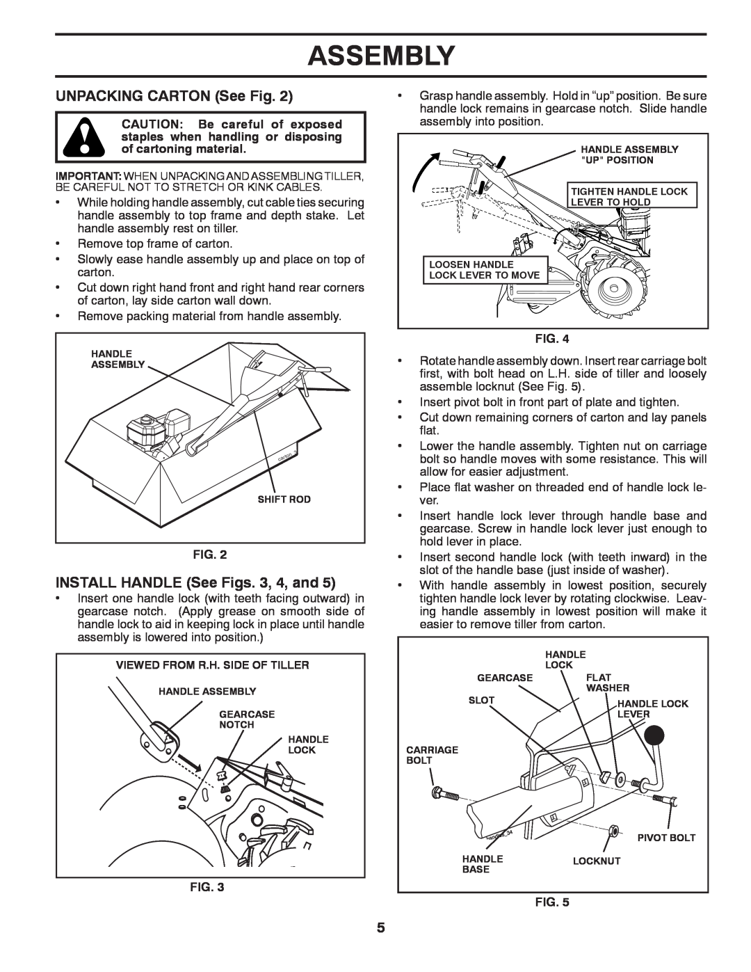 Husqvarna DRT70 owner manual UNPACKING CARTON See Fig, INSTALL HANDLE See Figs. 3, 4, and, Assembly 