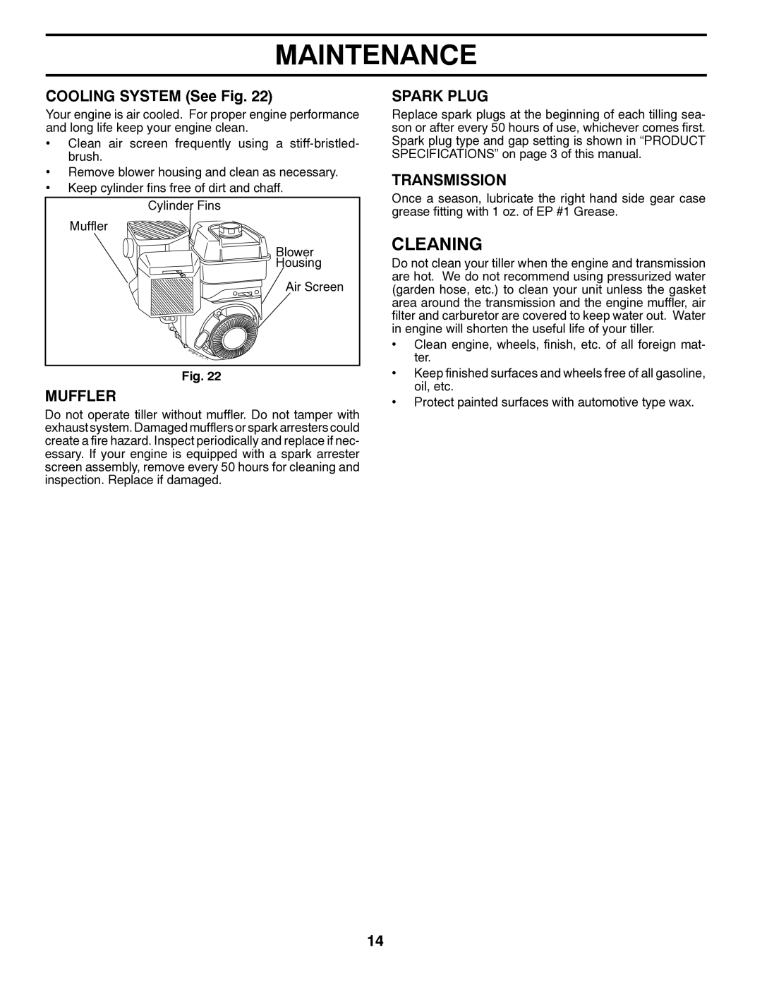 Husqvarna DRT900 owner manual Cleaning, Cooling System See Fig, Muffler, Spark Plug, Transmission 