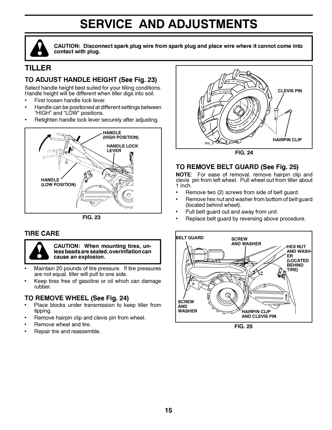 Husqvarna DRT900 owner manual Service and Adjustments, Tiller, Tire Care 