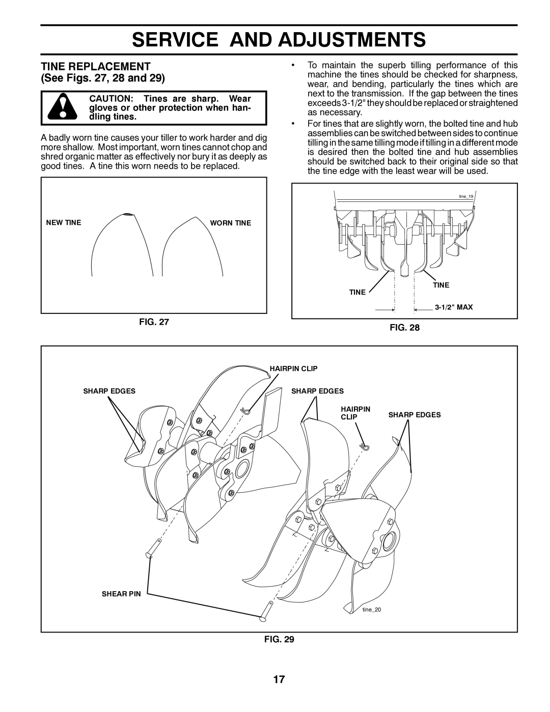 Husqvarna DRT900 owner manual Tine Replacement See Figs , 28 