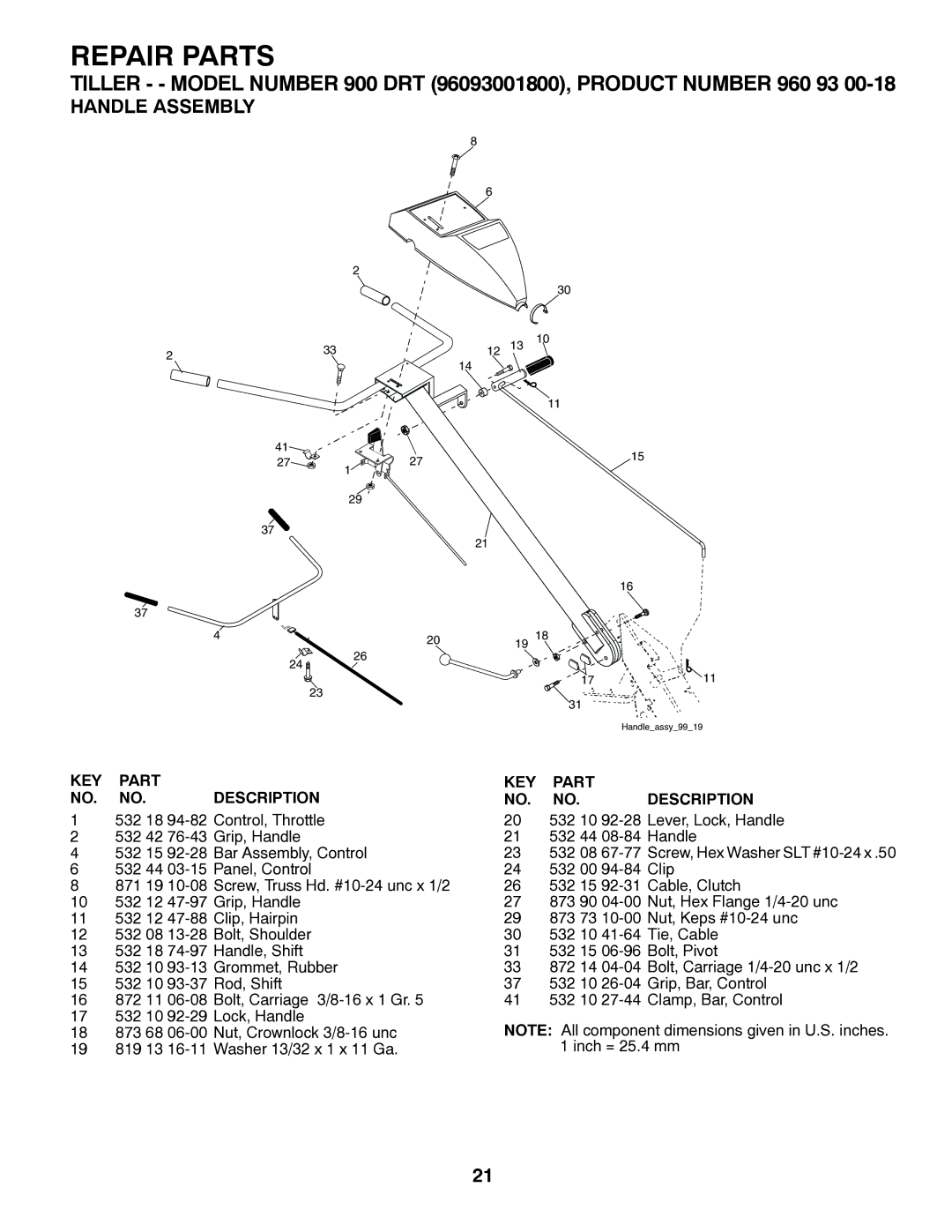 Husqvarna DRT900 owner manual Repair Parts, Handle Assembly 