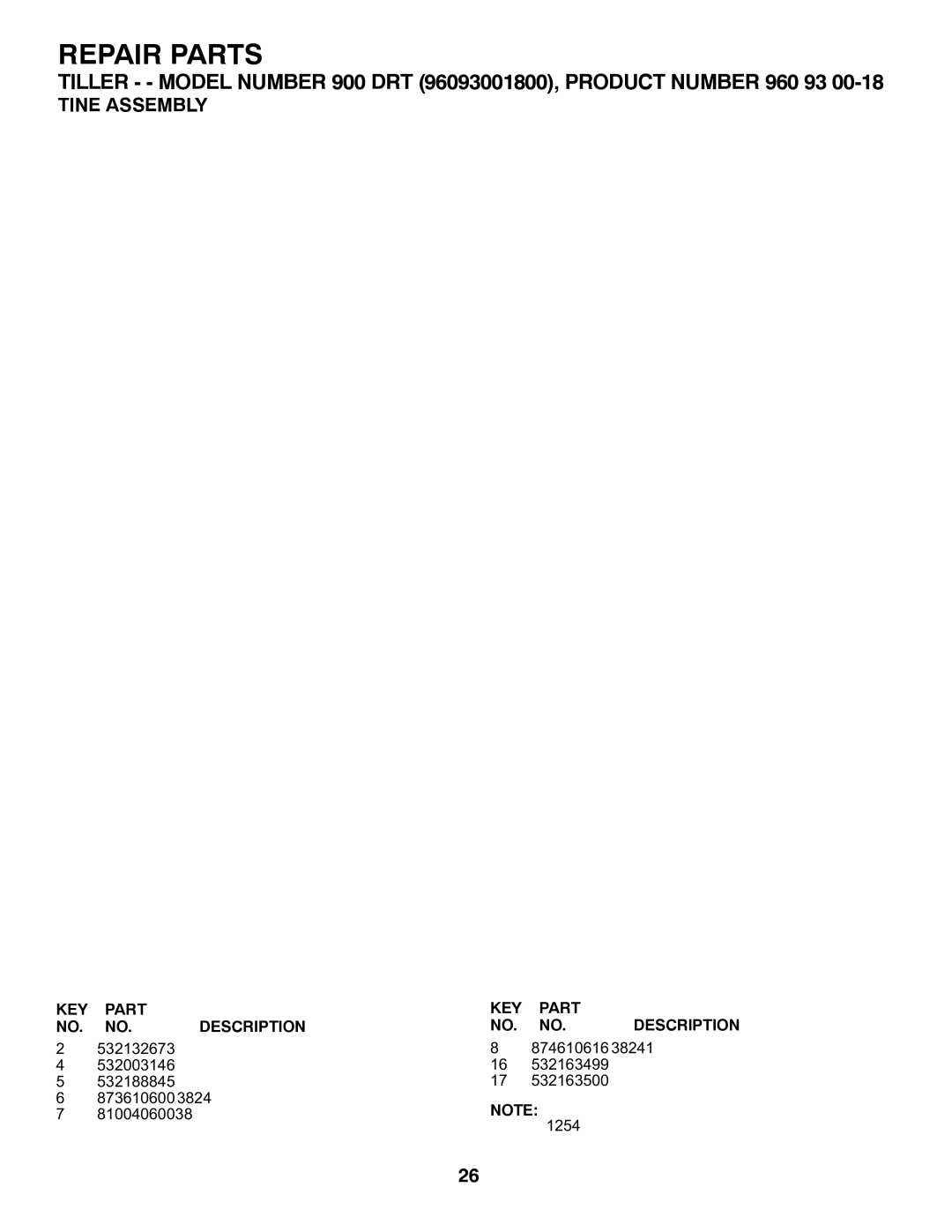 Husqvarna DRT900 owner manual Tine Assembly 