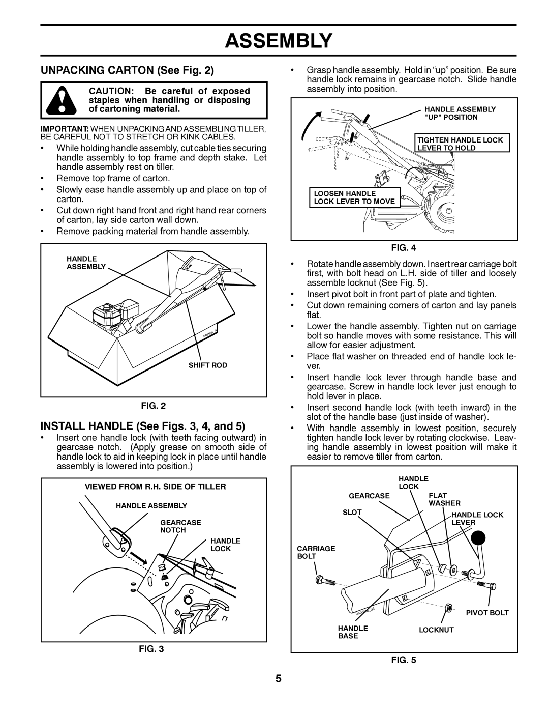 Husqvarna DRT900 owner manual Unpacking Carton See Fig, Install Handle See Figs , 4 