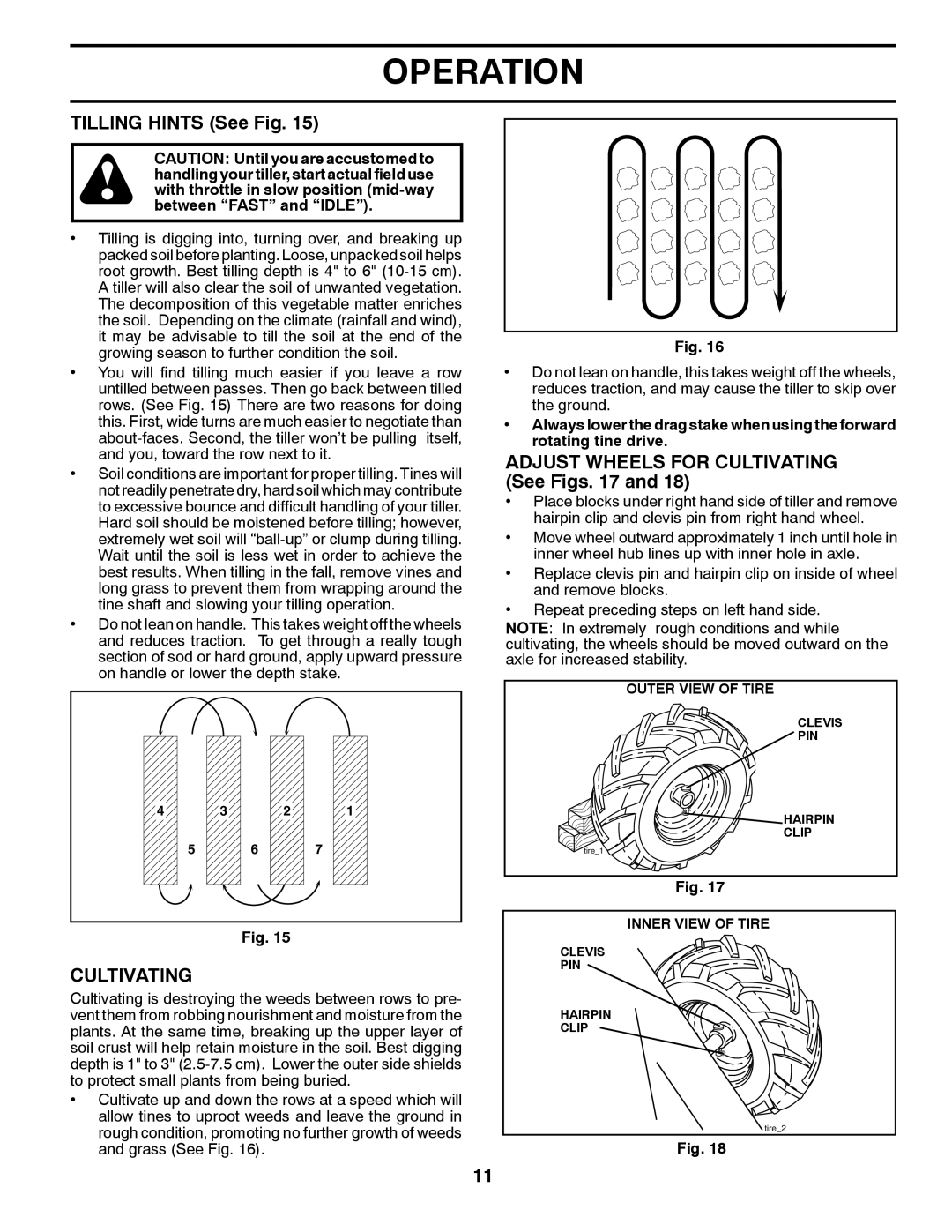 Husqvarna DRT900E owner manual Tilling Hints See Fig, Adjust Wheels for Cultivating See Figs 